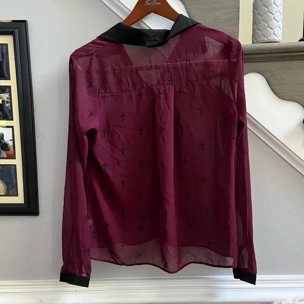 Poetry Burgundy & Black Crosses Sheer Blouse sz L - Picture 5 of 6